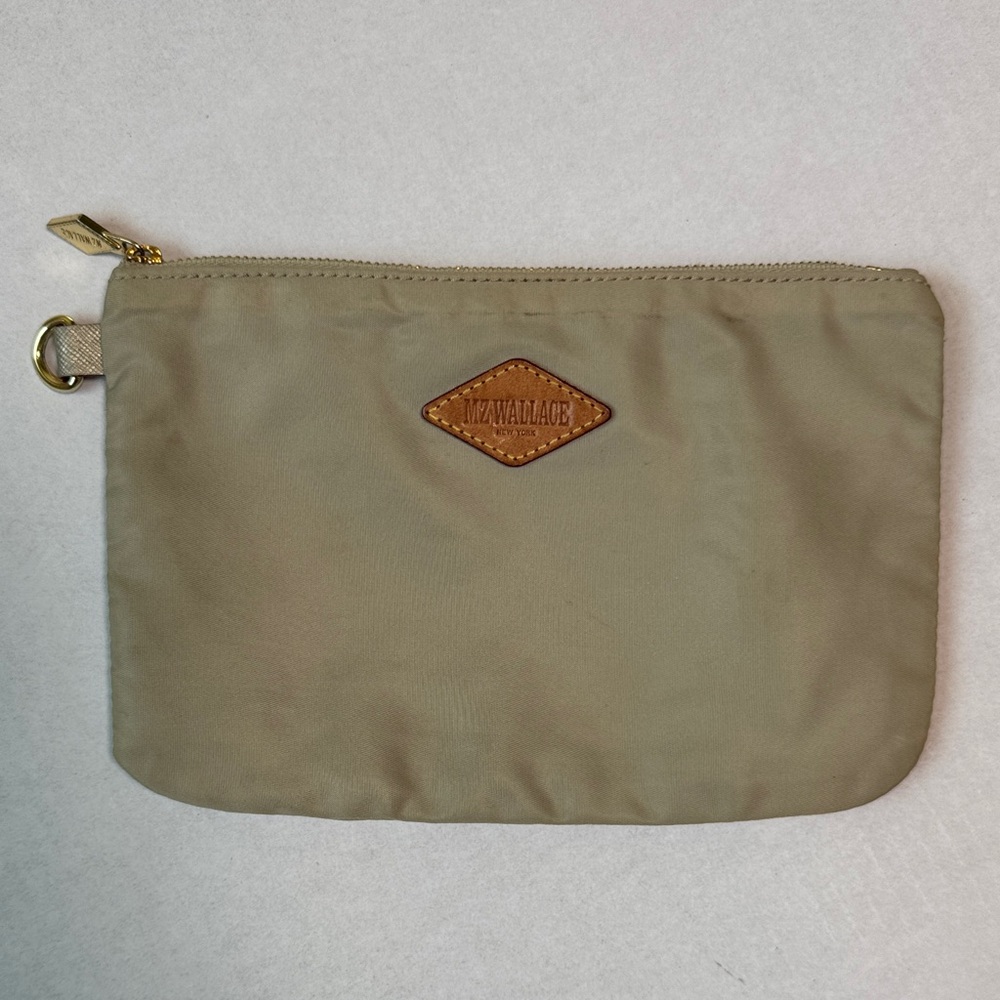 MZ WALLACE Nylon Cosmetic Pouch Tan‎ Zipper Closure Gold Hardware Logo Patch